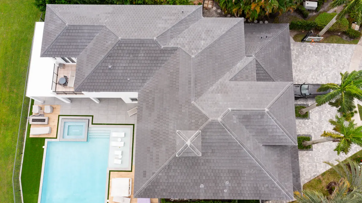 Grey tile roof with pool