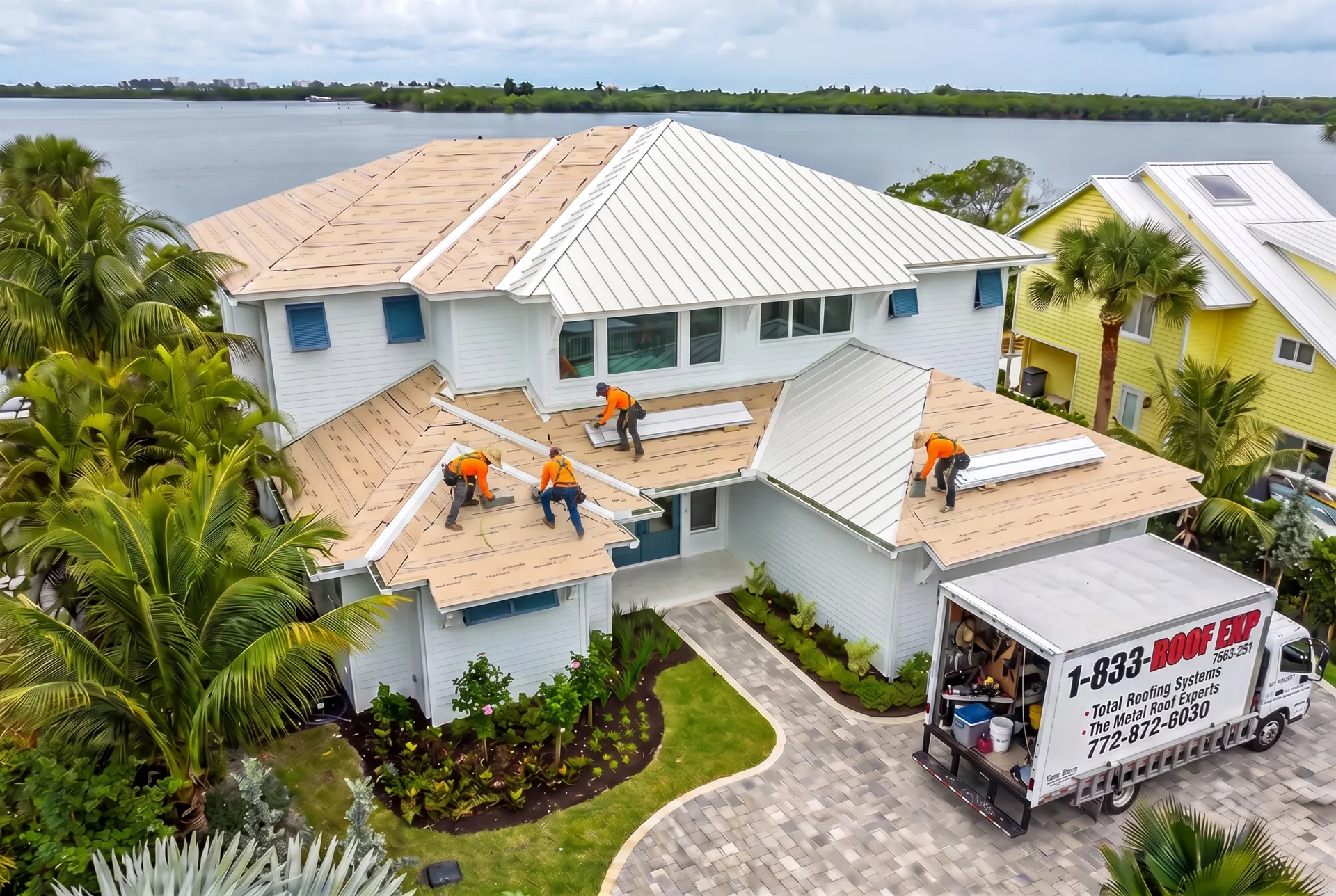 The same home mid-installation with the Total Roofing crew and branded truck